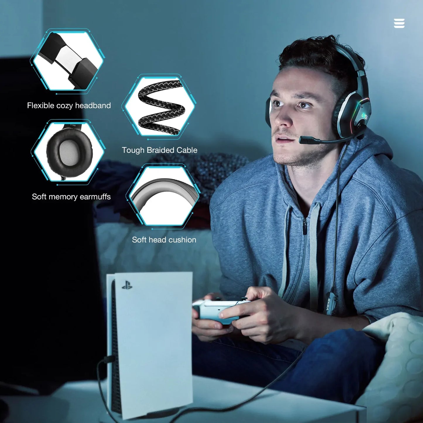 EKSA E1000 Wired Gaming Headphones Esports Headset 7.1 Surround Sound Hyperclear Cardioid Mic For PS4 PS5 Xbox Laptop