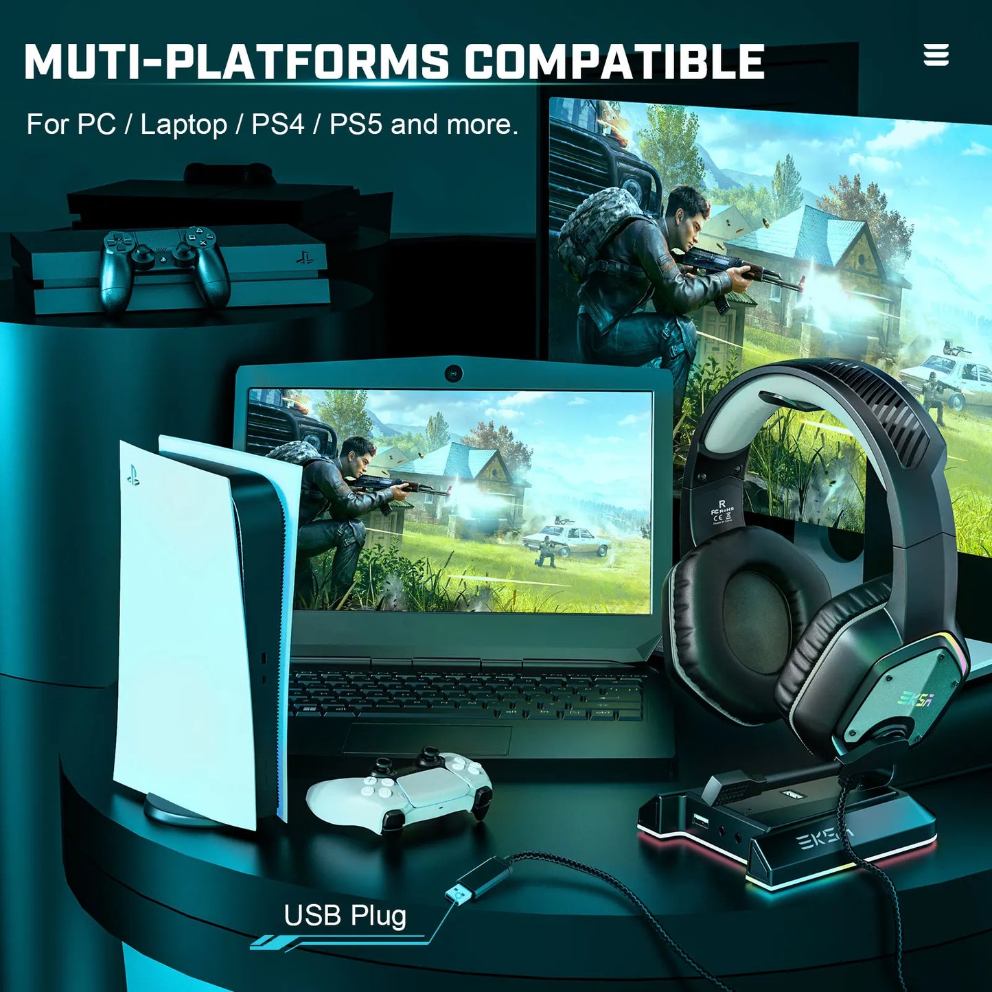 EKSA E1000 Wired Gaming Headphones Esports Headset 7.1 Surround Sound Hyperclear Cardioid Mic For PS4 PS5 Xbox Laptop