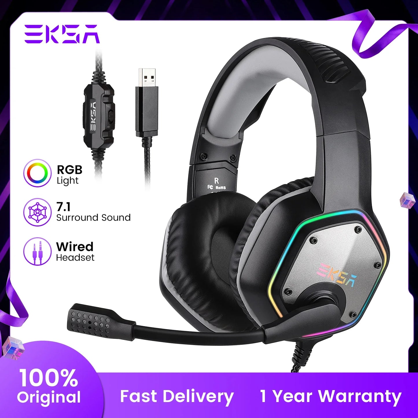 EKSA E1000 Wired Gaming Headphones Esports Headset 7.1 Surround Sound Hyperclear Cardioid Mic For PS4 PS5 Xbox Laptop