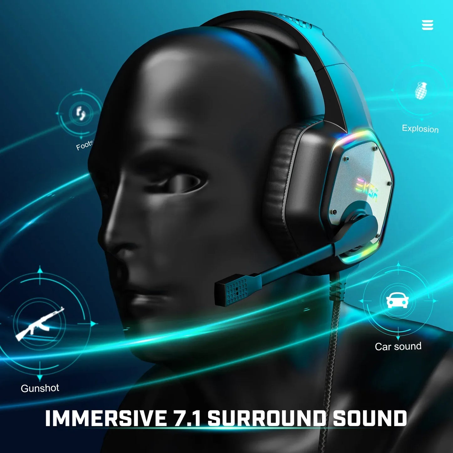EKSA E1000 Wired Gaming Headphones Esports Headset 7.1 Surround Sound Hyperclear Cardioid Mic For PS4 PS5 Xbox Laptop